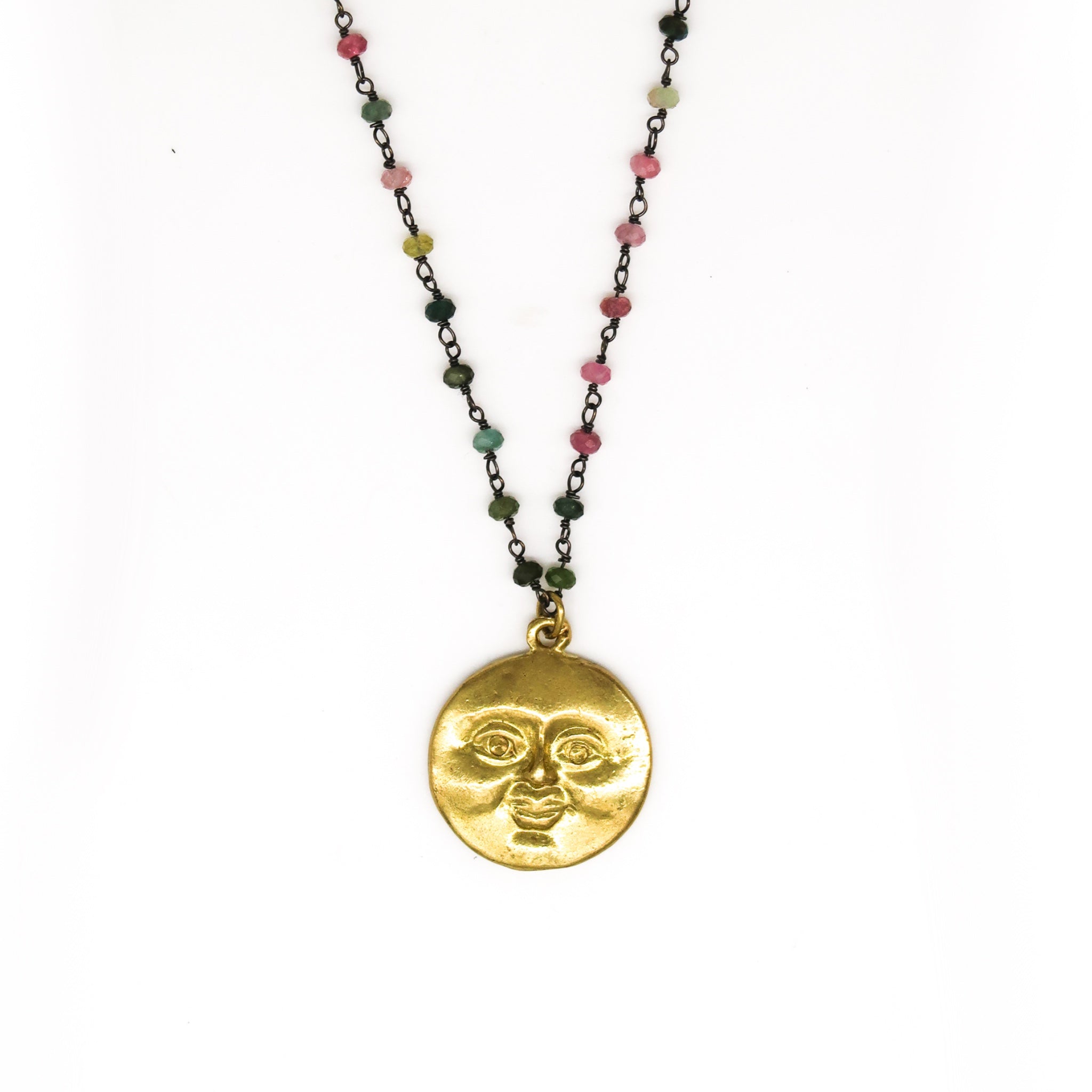 Full Moon Face w/ rainbow tourmaline Necklace