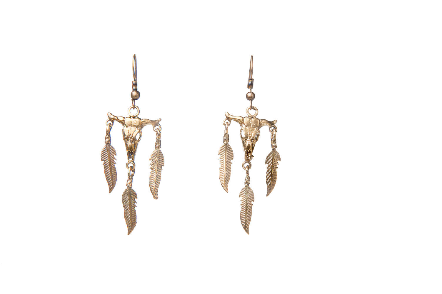Bull Skull and Feather Earrings