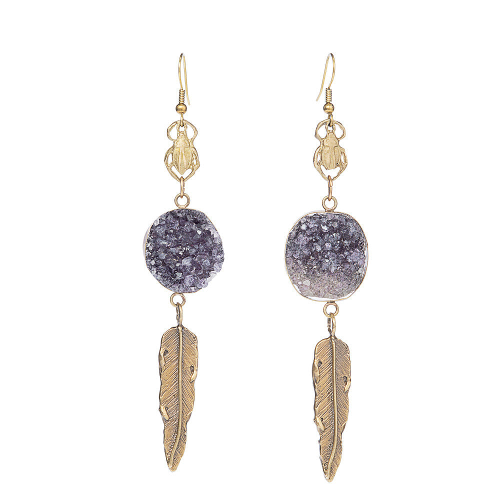 Scarab & Feather Earrings with One-of-a-Kind Purple Druzy
