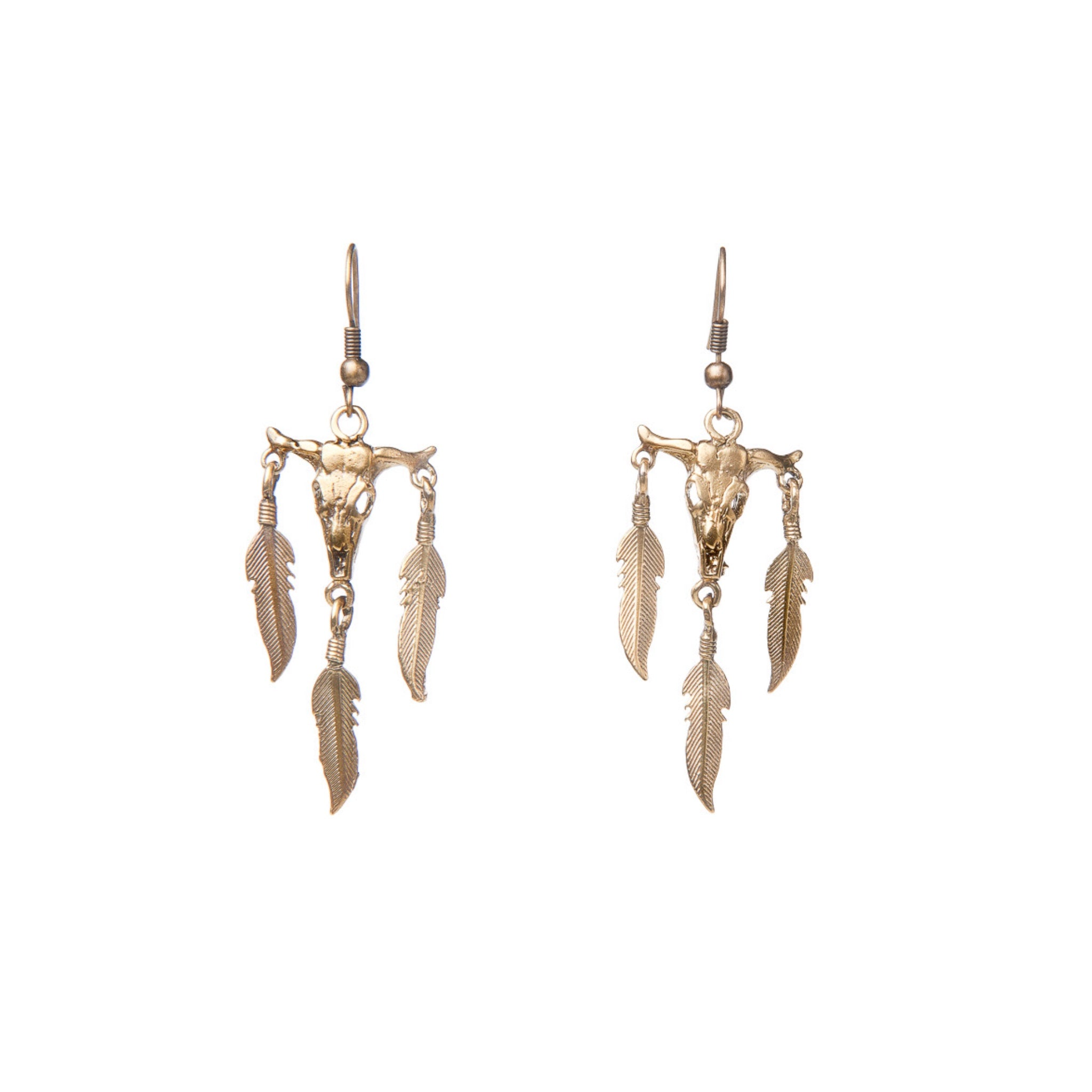 Bull Skull and Feather Earrings