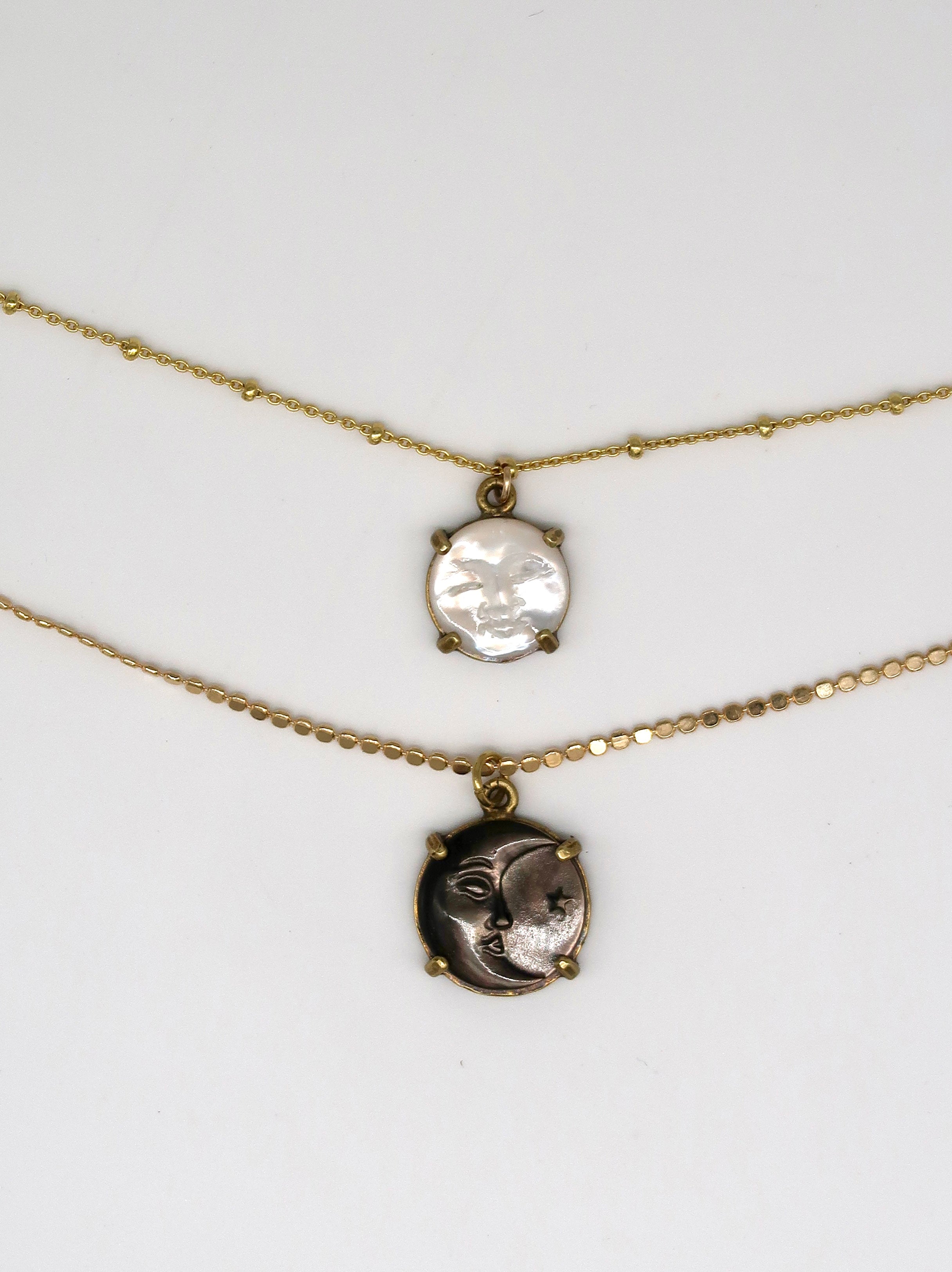 Tiny Hand-Carved Mother of Pearl Moon Face Necklace