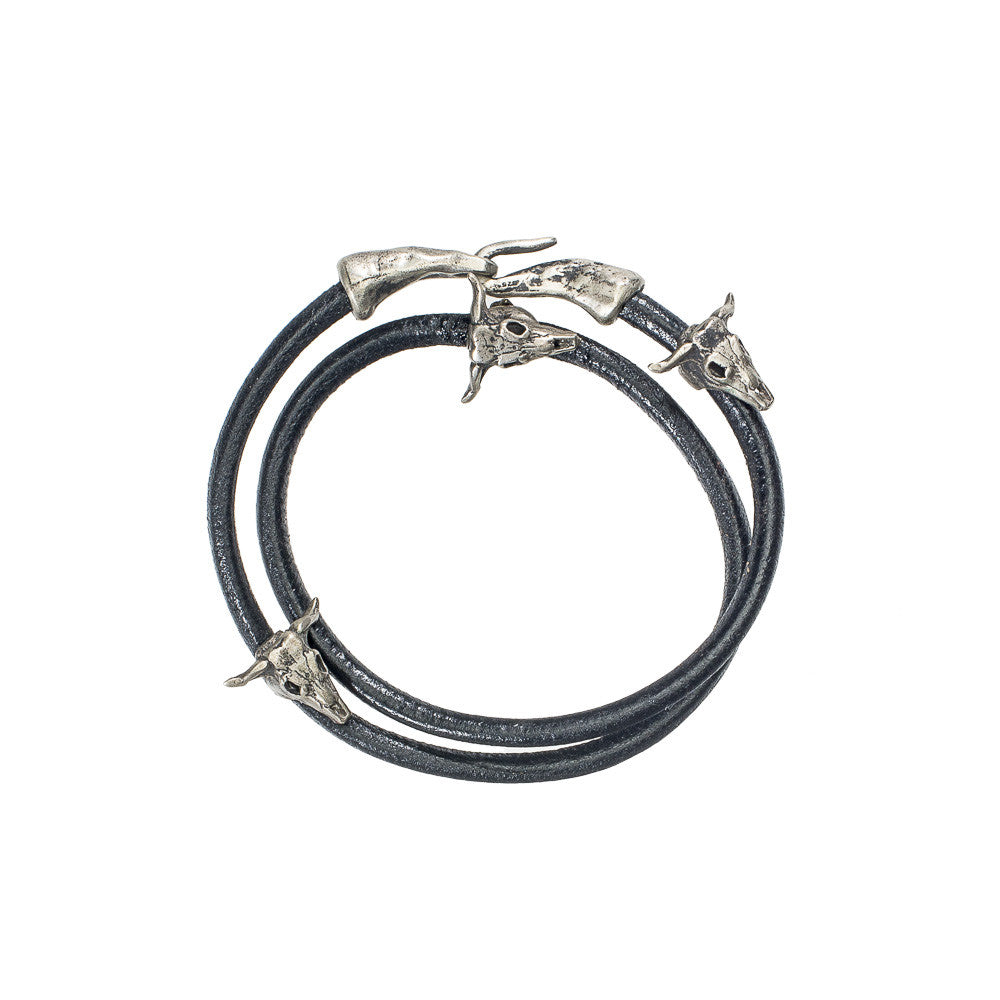 Silver Ram Skull Leather Wrap Bracelet