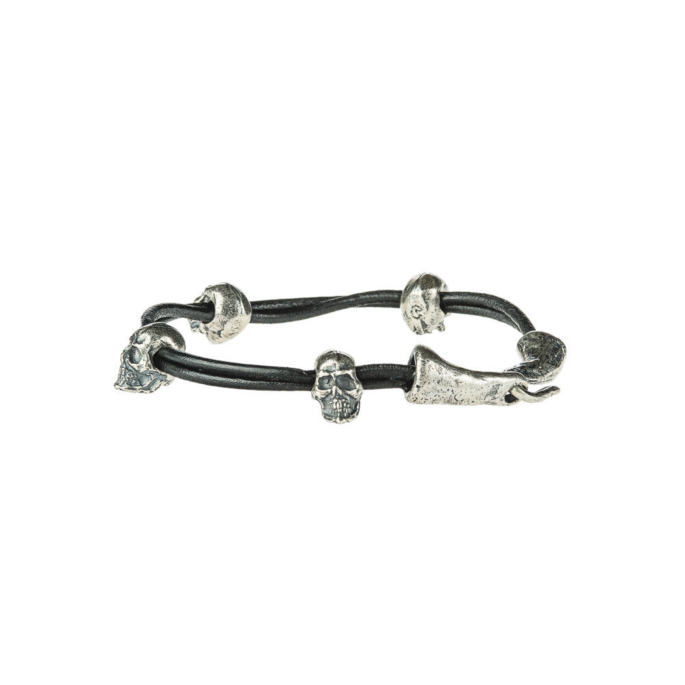 Silver Four Skulls Leather Wrap Bracelet