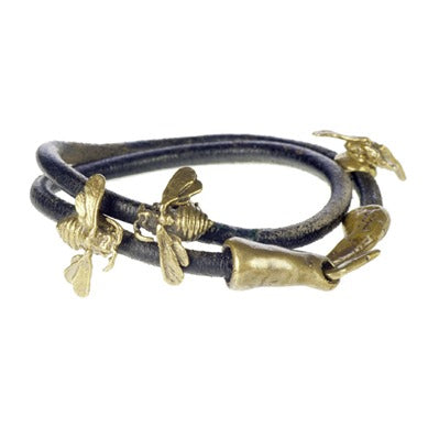 Three Bees Double Wrap Leather Necklace