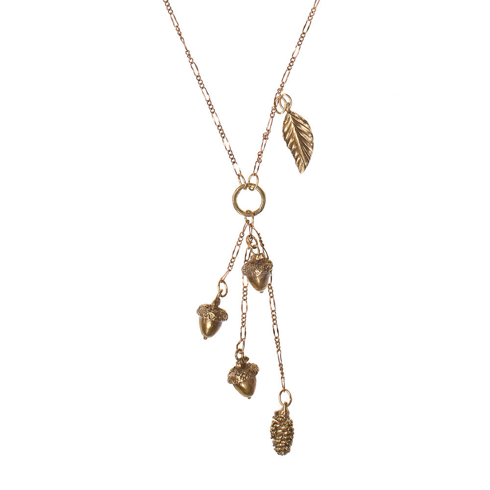 3 Tiny Acorns With Tiny Leaf & Pinecone Necklace