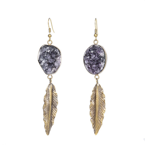 Amethyst Druzy with Feather Earrings