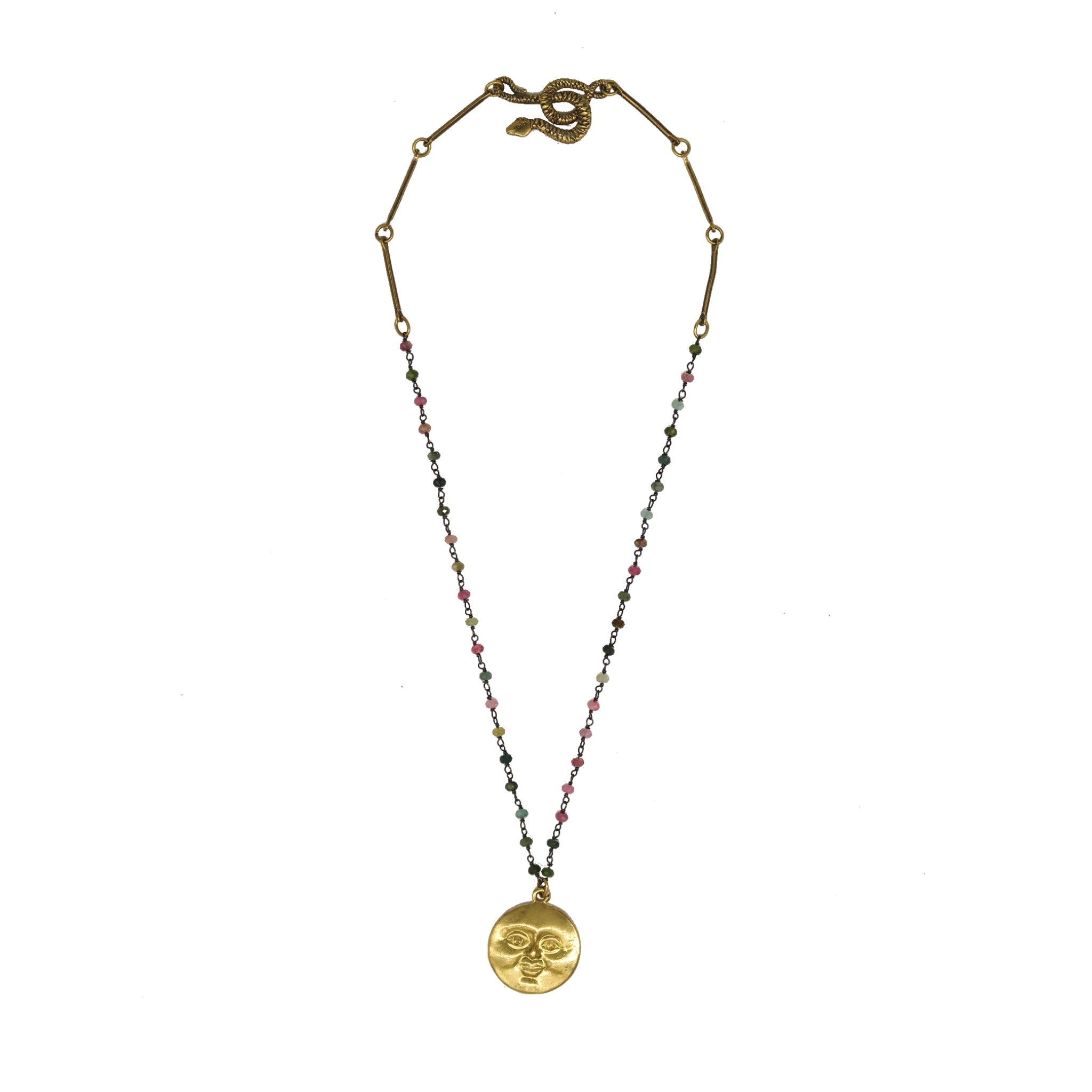 Full Moon Face w/ rainbow tourmaline Necklace